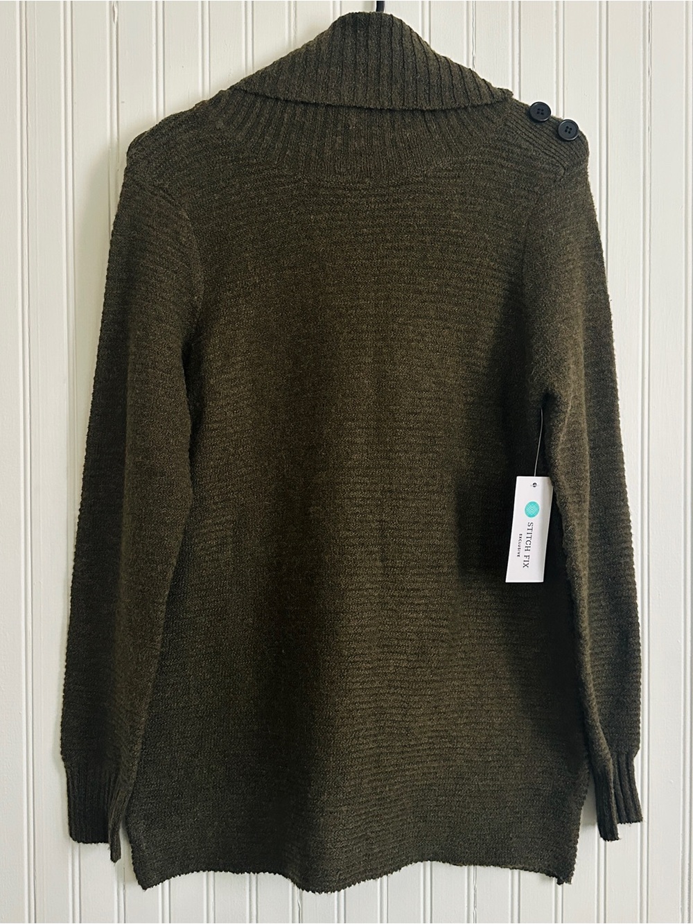 Pink Clover Olive Ribbed Cowl Neck Sweater with Shoulder Buttons